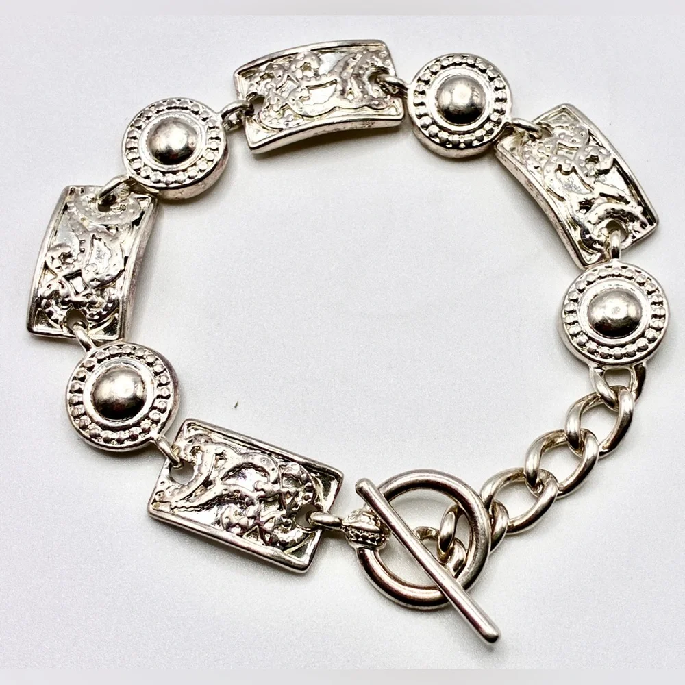 Vintage Premier Design Bracelet Fleur D' Lis Disc Silver Plate Toggle 8” Inches